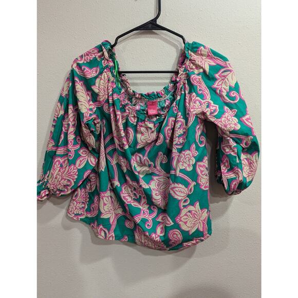 Pretty tropical teal & pink puff sleeve peasant top by Flying Tomato size L - Picture 1 of 7